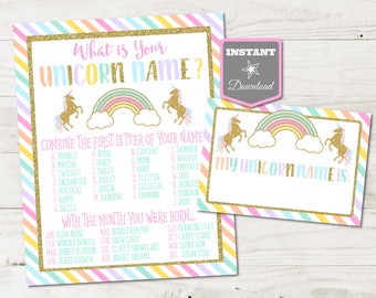 INSTANT DOWNLOAD Printable 8x10 What's Your Unicorn Name Birthday Party Sign and Name Badges / Unicorns & Rainbows Collection / Item #3511