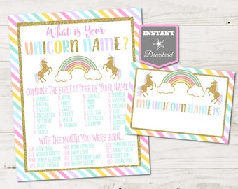 INSTANT DOWNLOAD Printable Unicorn 8x10 What's Your Unicorn Name Birthday Party Sign and Name Badges / Unicorns Collection / Item #3511