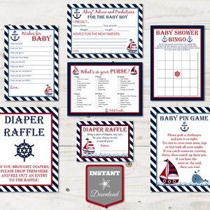 INSTANT DOWNLOAD Printable Nautical Boy Baby Shower Game Package / Diaper Raffle / Wishes for Baby / Nautical Collection / Item 602 image 1