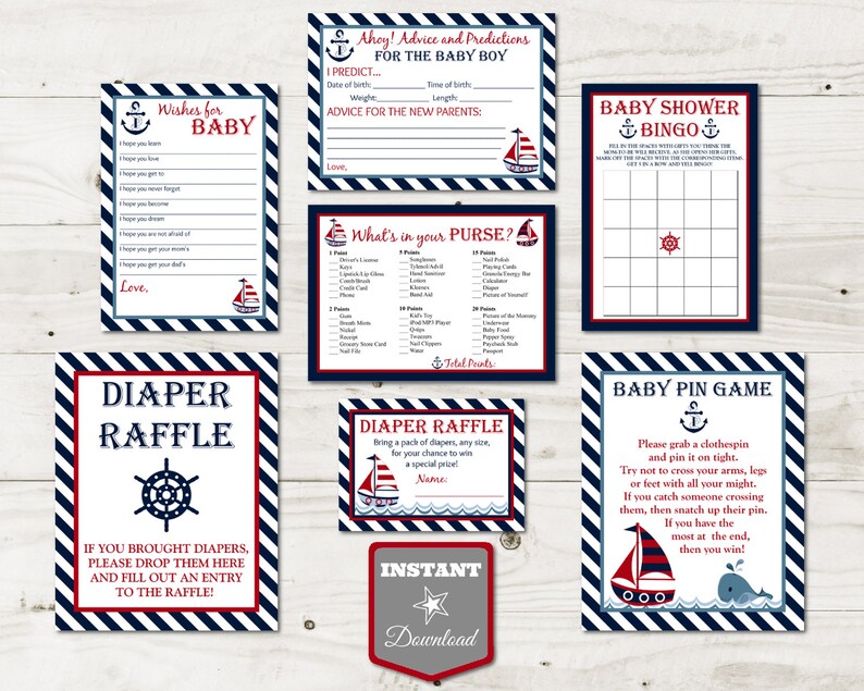 INSTANT DOWNLOAD Printable Nautical Boy Baby Shower Game Package / Diaper Raffle / Wishes for Baby / Nautical Collection / Item 602 image 1