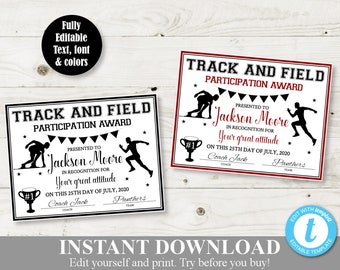 INSTANT DOWNLOAD Printable Track and Field 8.5x11 Certificate / Award / Sport Award / Editable - You  Type / Item #321