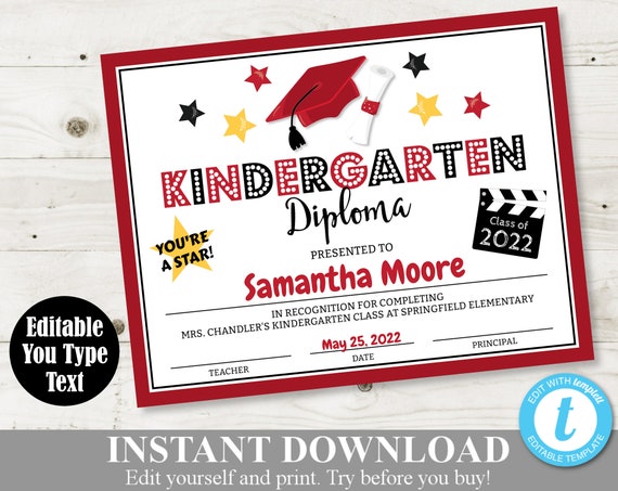 instant download printable kindergarten graduation stars diploma certificate editable you type text school printables item 3987 by divine party designs catch my party