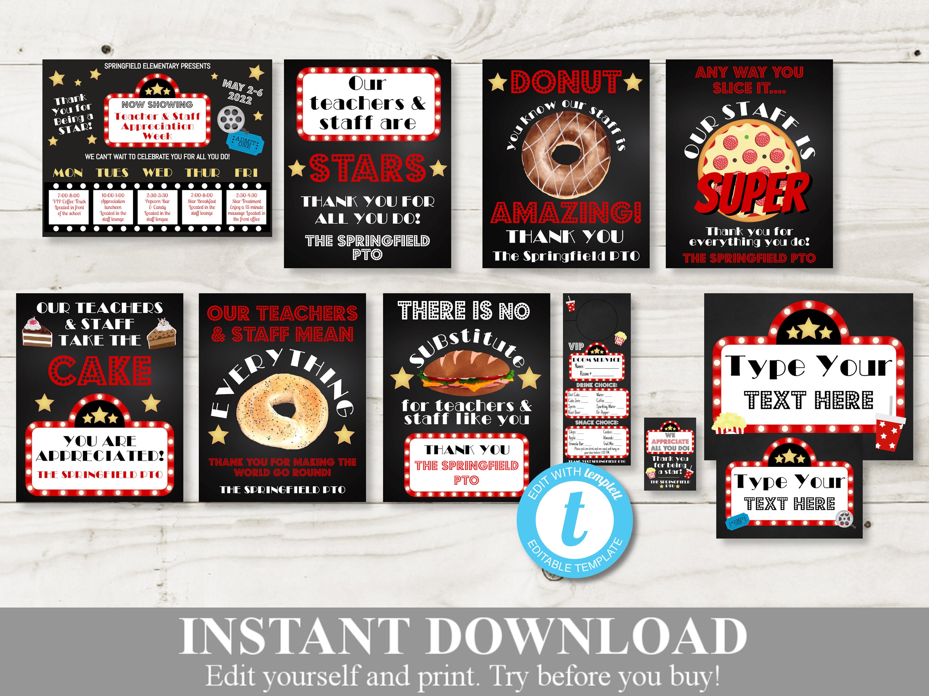 INSTANT DOWNLOAD Editable Movie Hollywood Teacher Appreciation Week Package / You Type Text / Staff Appreciation / PTO /School / Item #857