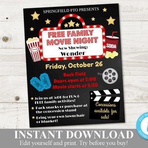 May include: A printable flyer for a free family movie night. The flyer is black with a red and white movie marquee that says "Free Family Movie Night". The flyer also includes the movie title "Wonder", the date "Friday, October 26", and the time "5:00" and "6:30".