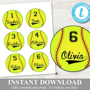 SOFORTIGER DOWNLOAD Softball 3 ""personalisierte Favor Tags / bearbeitbar - Typ Name und / oder Alter / Sportkollektion / Artikel #928."