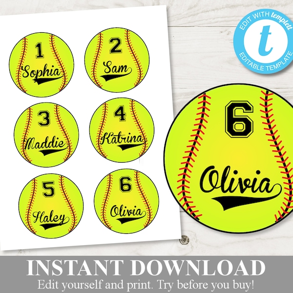 INSTANT DOWNLOAD Softball 3" Personalized Favor Tags / Editable - Type Name and/Or Age  / Sports Collection / Item #928