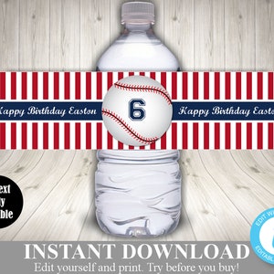INSTANT DOWNLOAD Baseball Editable Birthday Water Bottle Labels / You Type Name and/Or Age  / Baseball Collection / Item #924