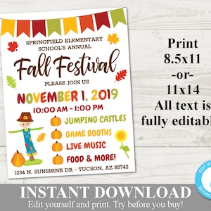 INSTANT DOWNLOAD Printable PTO School Fall Festival 8.5x11 or 11x14 Editable Flyer / Poster / Back to School / Item #1101