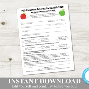 INSTANT DOWNLOAD Printable PTO or Pta Volunteer Interest Form 8.5"x11" Editable Flyer / Poster / Classroom / Back to School / Item #1112