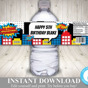 May include: Printable water bottle label with a superhero theme. The label features a cityscape with buildings, a speech bubble with the text "Happy 5th Birthday Blake", and the words "Welcome Superheroes".