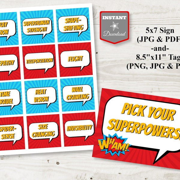 INSTANT DOWNLOAD Superhero Printable Pick Your Superpowers Sign and Tags / 5x7 Sign / Superheroes Collection / Item #507