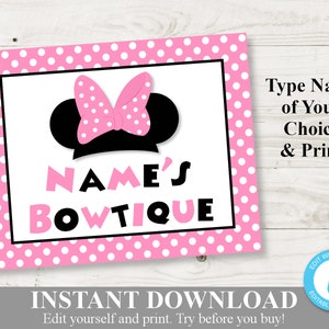 INSTANT DOWNLOAD Editable Light Pink Mouse 8x10 Printable Bowtique Sign / Type Name Personalized / Light Pink Mouse Collection / Item 1812 image 1