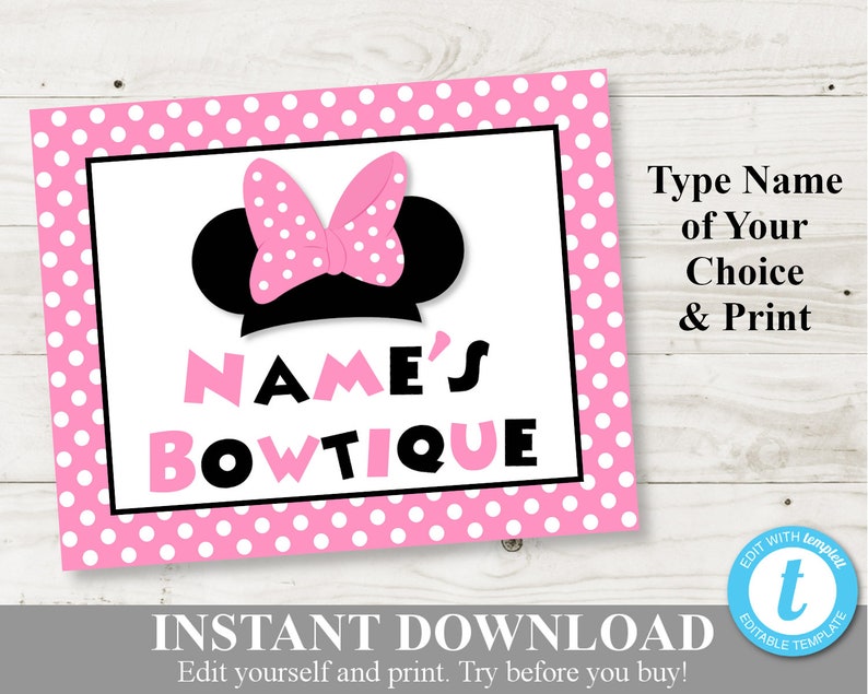 INSTANT DOWNLOAD Editable Light Pink Mouse 8x10 Printable Bowtique Sign / Type Name Personalized / Light Pink Mouse Collection / Item 1812 image 1