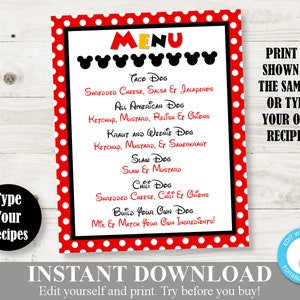 INSTANT DOWNLOAD Editable Classic Mouse Hot Diggity Dog Menu Sign / Type Your Own Recipes / Classic Mouse Collection / Item #3344