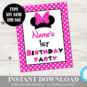 INSTANT DOWNLOAD Hot Pink Mouse 8x10 Editable Birthday Sign / You Type Name & Age / Hot Pink Mouse Collection / Item #1750