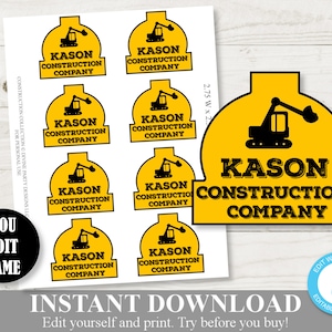 INSTANT DOWNLOAD Printable Construction Hard Hat Stickers / Favor Tags / Bag Labels / You Type Name / Construction Collection / Item #3702