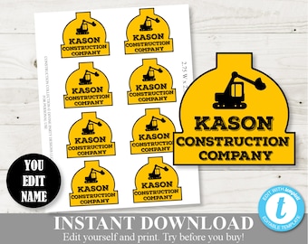 INSTANT DOWNLOAD Printable Construction Hard Hat Stickers / Favor Tags / Bag Labels / You Type Name / Construction Collection / Item #3702