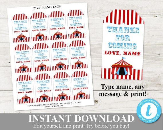 INSTANT DOWNLOAD Circus & Carnival 2"x3" Thank You Tags / Editable - Type Name and Message / Party Favor / Circus Collection / Item #1003 Il_570xn