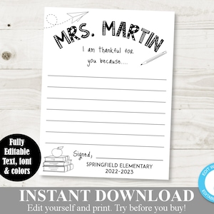 DESCARGA INMEDIATA Carta de agradecimiento al maestro editable / Página para colorear / Editable - Escriba su propio texto / Imprimibles escolares / Artículo n.° 840