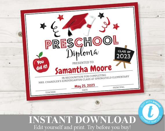 INSTANT DOWNLOAD Printable Preschool Graduation Red Black Diploma