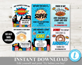 INSTANT DOWNLOAD Editable 8.5x11 Superhero Teacher Appreciation Week Food / Lunch Signs / Staff Appreciation / PTO /School / Item #812
