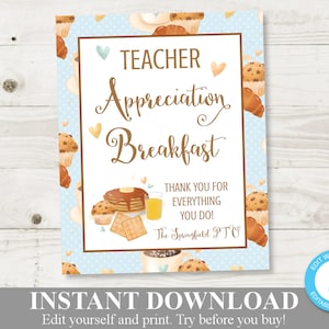 SOFORTIGER DOWNLOAD Bearbeitbar 8x10 Frühstückszeichen für die Wertschätzung des Lehrers / Anerkennung für den Lehrer / PTO Pta / Schule / Artikel #841