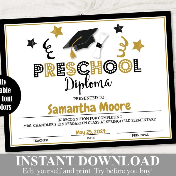 INSTANT DOWNLOAD Printable Preschool Graduation Black & Gold Diploma / Certificate / Editable - You Type / School Printables / Item #4403