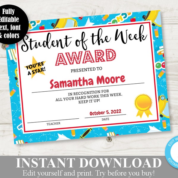 INSTANT DOWNLOAD Printable 8.5x11 Student of the Week Classroom Awards / Certificate / Editable - You  Type / School / Item #839