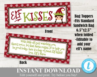 INSTANT DOWNLOAD Printable Christmas Girl Elf Kisses Bag Toppers / Editable You Type Name Text / Light Skin / Christmas Shop / Item # 3054