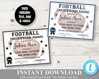 INSTANT DOWNLOAD Printable Football 8.5x11 Certificate / Award / Sport Award / Editable - You  Type / Item #302