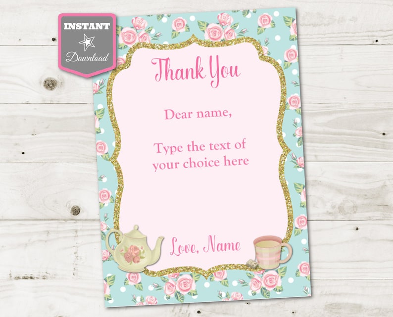 INSTANT DOWNLOAD Printable Princess Tea Party 5x7 Thank You Cards Type your own text Princess Tea Party Collection Item # 2907