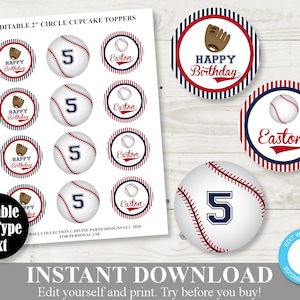 INSTANT DOWNLOAD Baseball 2" Circle Cupcake Toppers Tags / Editable - Type Name and/Or Age  / Baseball Collection / Item #923
