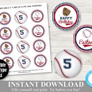 INSTANT DOWNLOAD Baseball 2" Circle Cupcake Toppers Tags / Editable - Type Name and/Or Age  / Baseball Collection / Item #923