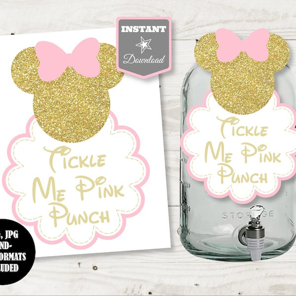 INSTANT DOWNLOAD Printable Glitter Gold Pink Mouse 10" T Tickle Me Pink Punch Sign / Glitter Mouse Package / Item #2055