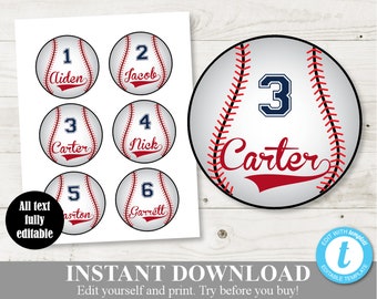 DESCARGA INSTANTÁNEA Etiquetas personalizadas de béisbol de 7,6 cm (3") / Editables - Escribe el nombre y/o la edad / Colección de béisbol / Artículo n.° 907