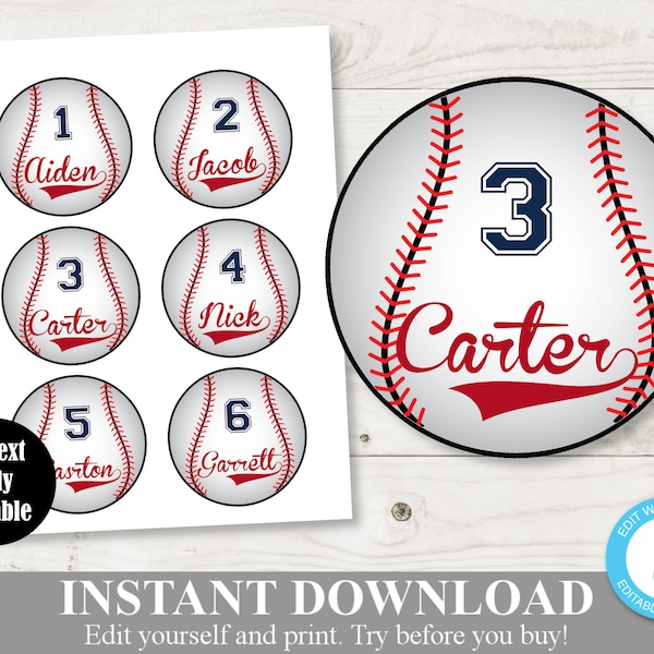 INSTANT DOWNLOAD Baseball 3" Personalized Favor Tags / Editable - Type Name and/Or Age  / Baseball Collection / Item #907
