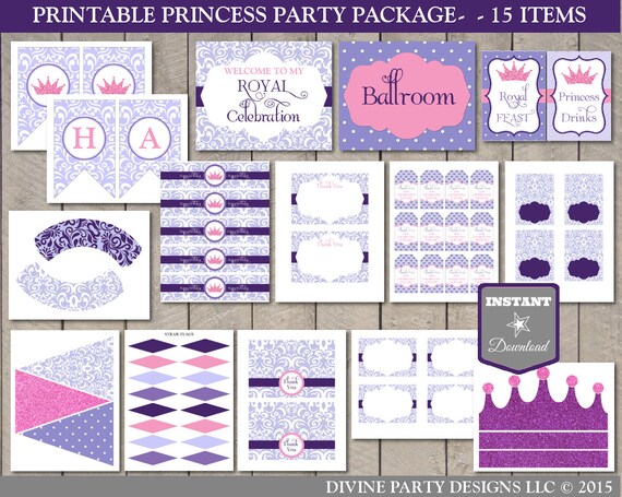 INSTANT DOWNLOAD Printable Pink and Purple Princess Birthday Party Package / 15 Items / Pink and Purple Princess Collection / Item #300 Il_570xn