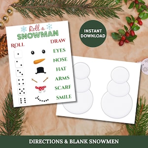 May include: Two white paper sheets for a snowman game. One sheet features dice, snowman parts, and the text "Roll a Snowman." The other sheet has blank snowman outlines. The words "Instant Download" are visible.