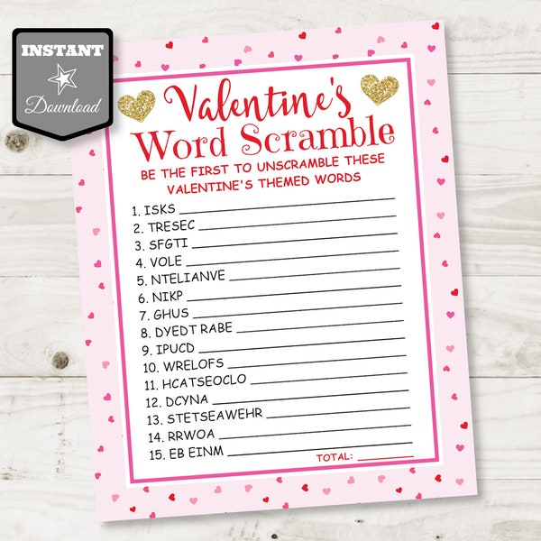INSTANT DOWNLOAD Printable Valentine's Word Scramble Game / Classroom / Valentines Day / Valentine's Shop / Item #3615