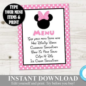 INSTANT DOWNLOAD Light Pink Mouse Editable 8x10 Party Menu Sign / You Type Items / Light Pink Mouse Collection / Item #1842