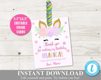 INSTANT DOWNLOAD Unicorn Birthday Printable Lollipop Holder / Editable - You Type / Unicorn Collection / Item #3560