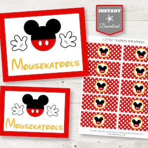 May include: Printable Mickey Mouse themed napkin wrappers. The wrappers are red with white polka dots and feature a yellow circle with a black Mickey Mouse head inside. The text "MOUSEKATOOLS" is printed in yellow on the wrappers.