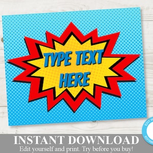 SOFORTIGER DOWNLOAD Superheld druckbare 4x6, 5x7 und 8x10 Zeichen / bearbeitbar - Sie geben Text ein / Superhero Collection / Artikel #517