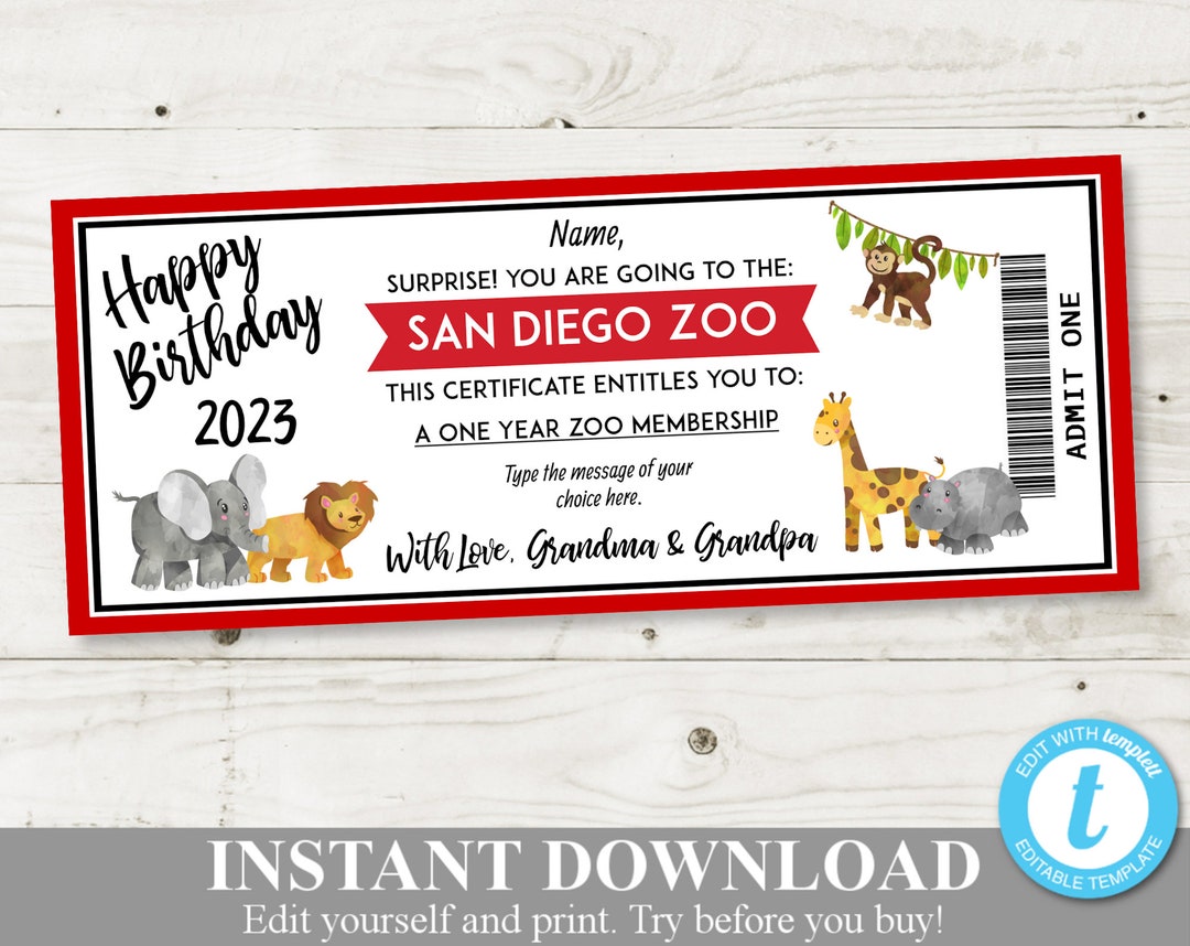 INSTANT DOWNLOAD Editable 8x3.25 Printable Zoo Membership Pass Birthday