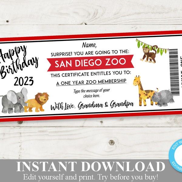 INSTANT DOWNLOAD Editable 8"x3.25" Printable Zoo Membership Pass Birthday Certificate /  Gift / Birthday Gift / Item #216