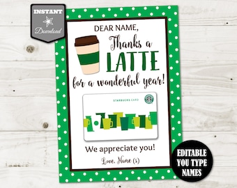 INSTANT DOWNLOAD Editable 5x7 Starbucks Teacher Appreciation Printable Gift Card Holder / Teacher Appreciation / End of School / Item #211