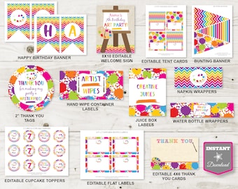 INSTANT DOWNLOAD Art Painting Birthday Party Package / Editable - You Type / 12 Items /Art Party Collection / Item #2800