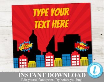 INSTANT DOWNLOAD Superhero Printable Headquarters Sign 8x10 Sign / Editable - You Type Text / Superhero Collection / Item #514