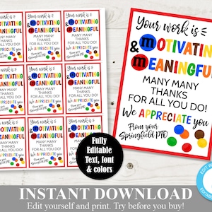 DIRECT DOWNLOADEN Bewerkbare 3,5 x 2,5 inch M&M-tags motiverende en zinvolle / waardering leraar / zot / school / artikel #829
