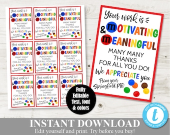 INSTANT DOWNLOAD Editable 3.5"x2.5" M&M Motivating and Meaningful Tags / Teacher Appreciation / PTO / School / Item #829